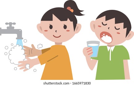 Illustration of a boy and girl gargle hands