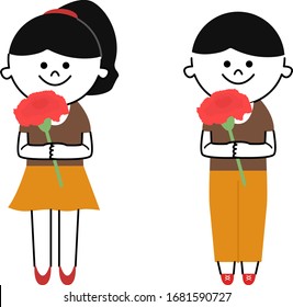 Illustration of boy and girl holding carnation flower for mothers day.