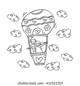 Illustration of Boy and girl  in a Hot Air Balloon.

