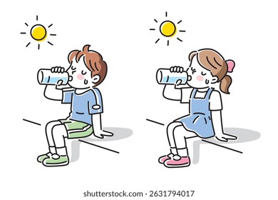 Illustration of a boy and girl hydrating under the sun