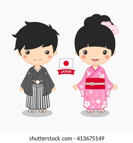 illustration of boy and girl in japanese costume