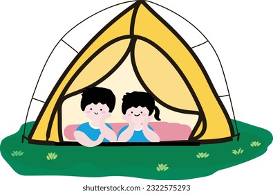 An illustration of a boy and girl jawing inside a camping tent.