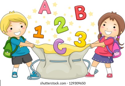 Illustration of Boy and Girl Kids holding a large bag catching ABC's and 123's
