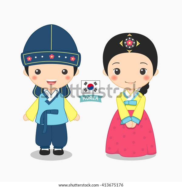 韓国の衣装を着た男の子と女の子のイラスト のベクター画像素材 ロイヤリティフリー