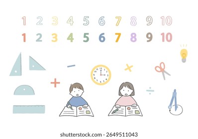 Illustration of a boy and girl learning math, illustration of a boy and girl taking math classes, set of math study tools