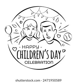 An illustration of a boy and a girl in line art style of childrens day celebration vector image