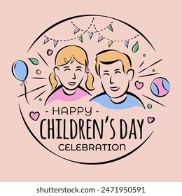 An illustration of a boy and a girl in line art style of childrens day celebration vector image
