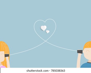 illustration of boy and girl in love with can phone vector cartoon