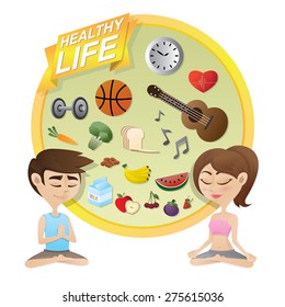 illustration of boy and girl meditating with healthy life icons background.