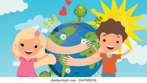 Illustration of boy and girl over globe with arms around on blue background. environment, global warming and climate change concept digitally generated image.
