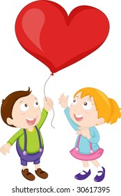 Illustration of boy and girl playing with balloon