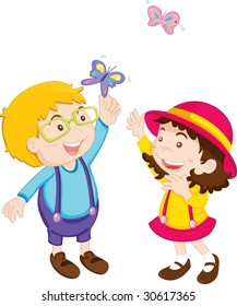 Illustration of boy and girl playing with butterflies