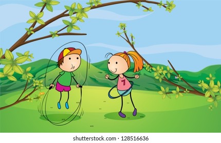 Illustration of a boy and a girl playing in the hills