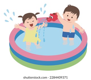 Illustration of a boy and a girl playing in the pool