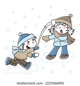 Illustration of a boy and a girl playing with snowballs