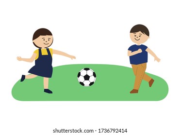 Illustration of boy and girl playing soccer.