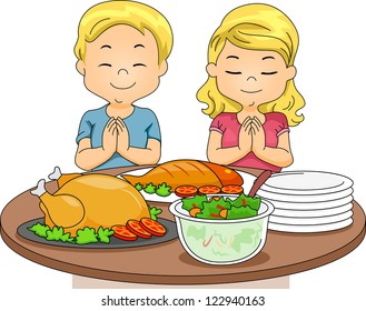 Illustration of a Boy and a Girl Praying Before Eating