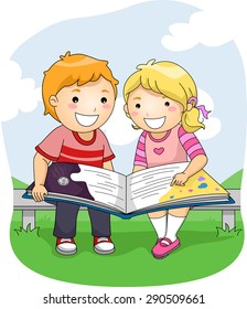 Illustration of a Boy and a Girl Reading a Big Book Outdoors