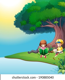 Illustration of a boy and a girl reading under the tree