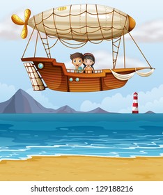 Illustration of a boy and a girl riding an airship