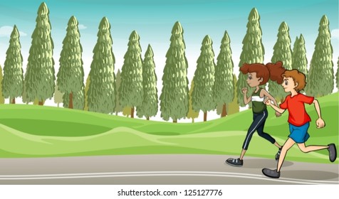 Illustration of a boy and a girl running