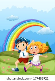 Illustration of a boy and a girl running with a rainbow in the sky