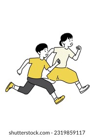 Illustration of a boy and a girl running with smiles, vector