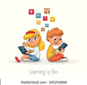 Ilustración de un niño y una niña sentados con una laptop y una tableta aprendiendo. Vector educativo sobre la diversión en el estudio