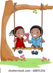 Illustration of a Boy and Girl Sitting Side by Side on a Swing