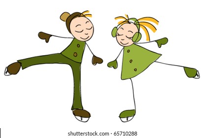 Illustration of boy and girl skating