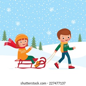 Illustration of a boy and girl sledding in winter/Children winter sledding/Boy carries his girlfriend sledging