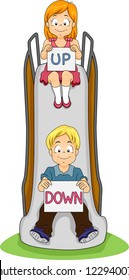 Illustration of a Boy and a Girl in a Slide Holding Signs That Say Up and Down