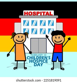 Illustration of a boy and girl standing happily in front of a hospital and a Germany flag behind it with bold text to commemorate Children's Hospice Day on February 10 in Germany