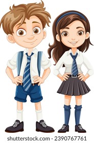 Illustration of a boy and girl student wearing school uniforms in a cartoon style