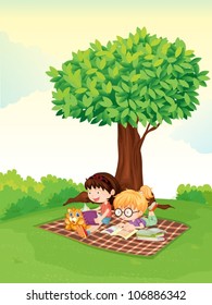 illustration of a boy and girl studying under tree