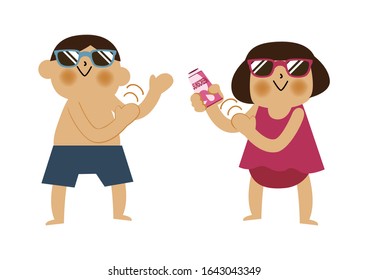 Illustration of boy and girl with sunscreen.
Character Design.Boy and girl in swimwear.

