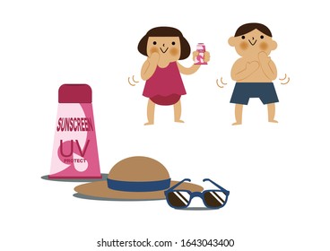 Illustration of boy and girl with sunscreen.
Character Design.Boy and girl in swimwear.

