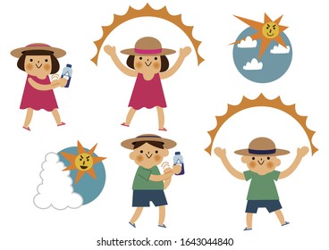 Illustration of boy and girl with sunscreen.Summer clip art.
