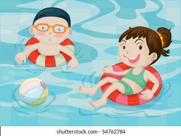 Illustration of boy and girl in swimming pool on colorful background