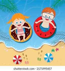 Illustration of a boy and a girl swimming in the sea on a tube. Summer view of happy children swimming in the sea