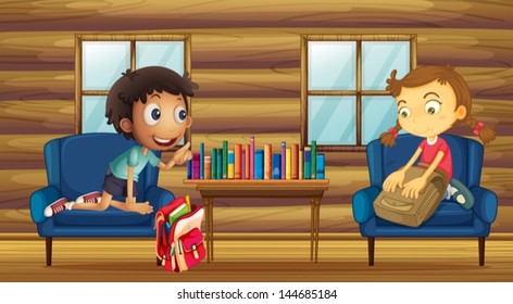 Illustration of a boy and a girl with their schoolbags inside the house