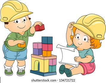 Illustration of Boy and Girl Toddlers Playing Engineers