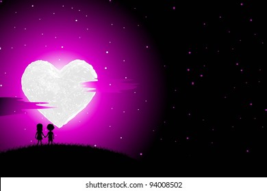 illustration of boy and girl walking in romantic night with heart shaped moon