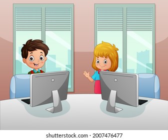 Illustration of a boy and girl working in office