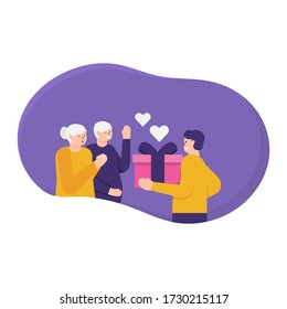 illustration of a boy giving a gift to his father and mother. the concept of loving parents, thanking parents. flat design. can be used for elements, banners, landing pages, UI.
