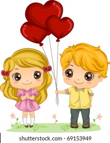 Illustration of a Boy Giving a Girl a Bunch of Balloons