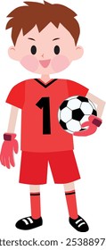  Ilustración de un portero de niño con camisetas rojas sosteniendo una pelota de fútbol. Ilustración vectorial