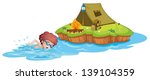 Illustration of a boy going to the campsite on a white background