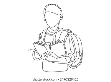 Ilustración de un niño yendo a la escuela. Niño con bolso escolar y libro. Estilo de arte de línea única