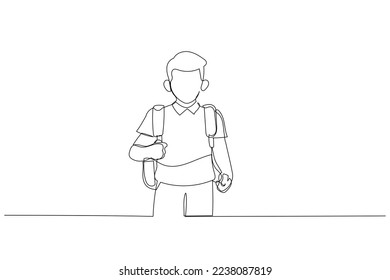 Illustration of boy going to school for the first time. Child with school bag and book. Single line art style
